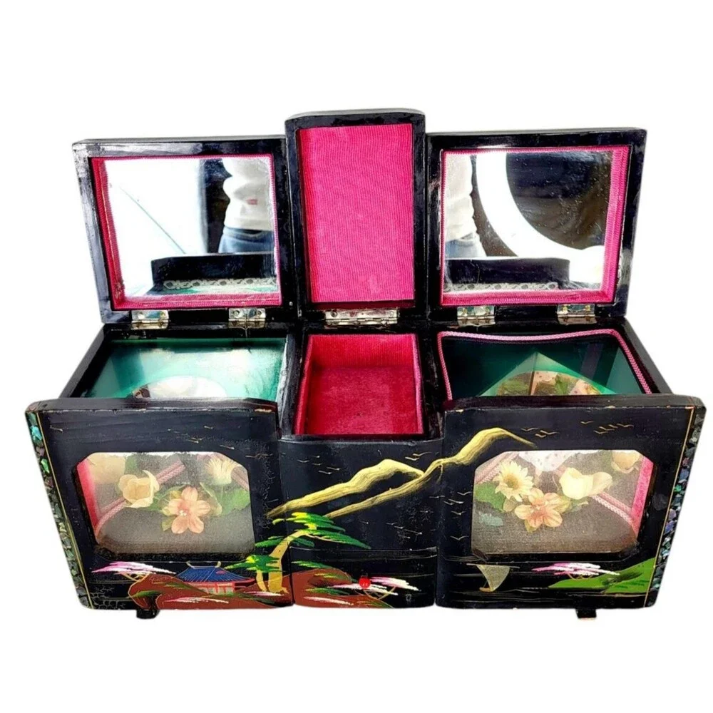 Vintage 1940s Dual Musical Mirrored Jewelry Box Dancing Ballerina & Tuxedo Man